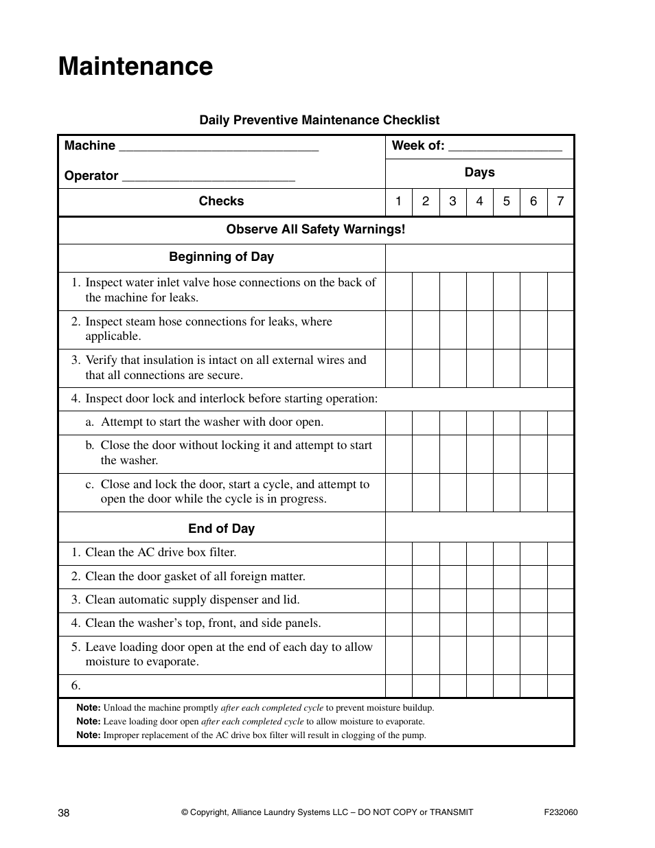 Maintenance | Alliance Laundry Systems SF18VNV User Manual | Page 40 / 92