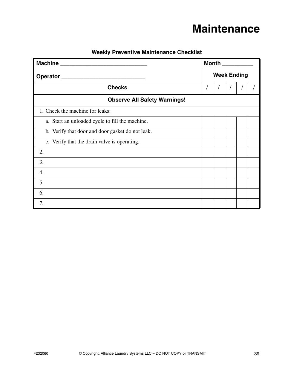 Maintenance | Alliance Laundry Systems SF18VNV User Manual | Page 41 / 92