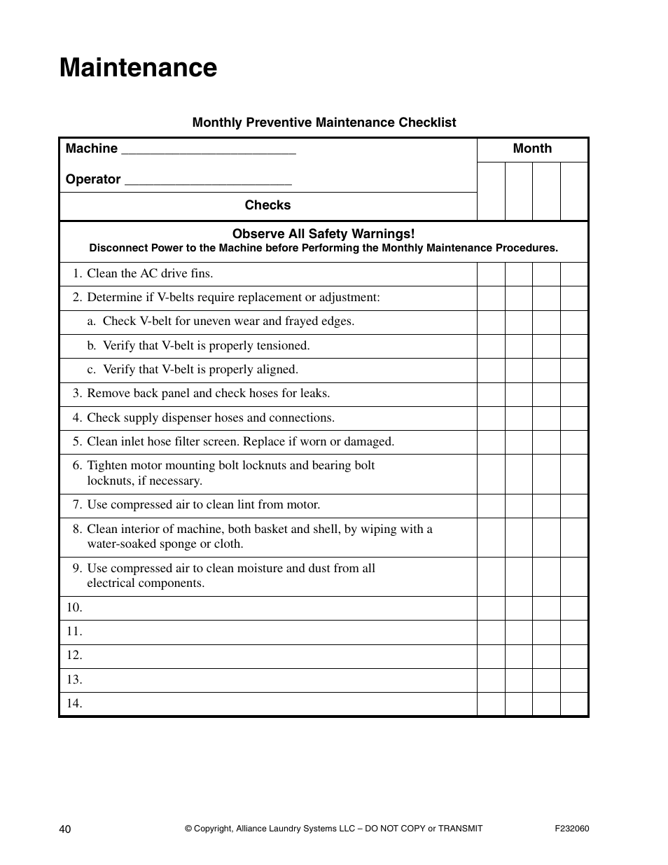 Maintenance | Alliance Laundry Systems SF18VNV User Manual | Page 42 / 92