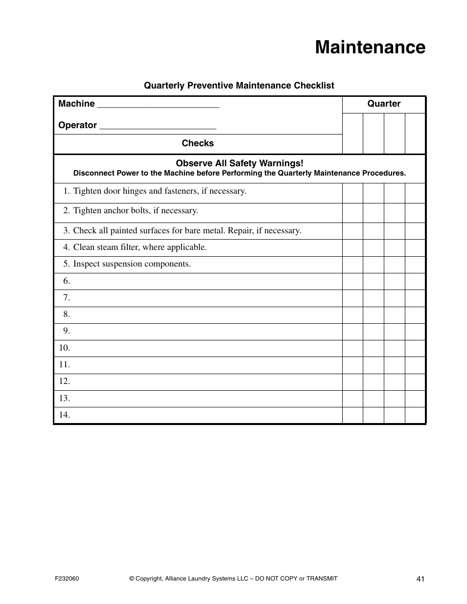 Maintenance | Alliance Laundry Systems SF18VNV User Manual | Page 43 / 92