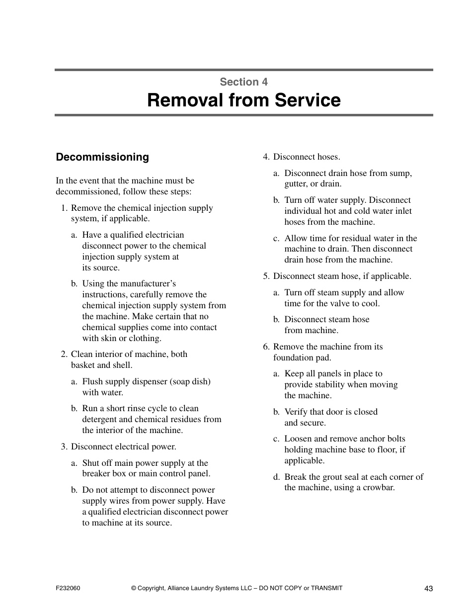 Removal from service | Alliance Laundry Systems SF18VNV User Manual | Page 45 / 92