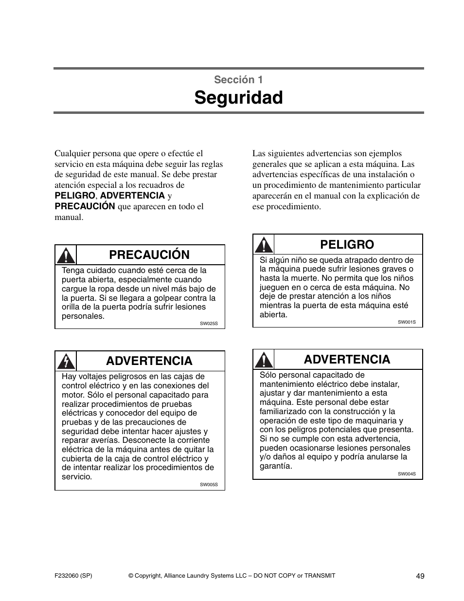 Seguridad, Precaución, Advertencia | Peligro, Sección 1 | Alliance Laundry Systems SF18VNV User Manual | Page 51 / 92