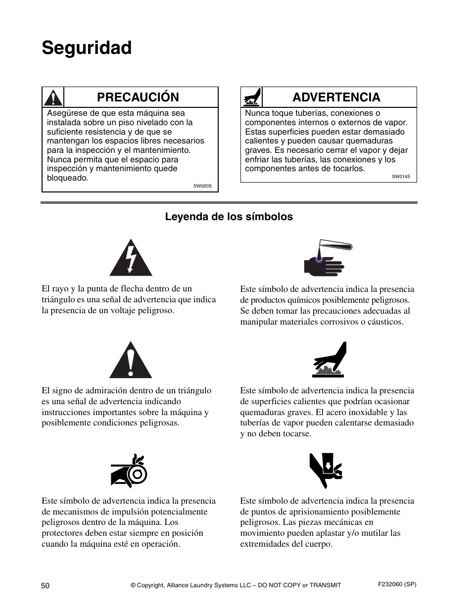 Seguridad, Precaución, Advertencia | Alliance Laundry Systems SF18VNV User Manual | Page 52 / 92