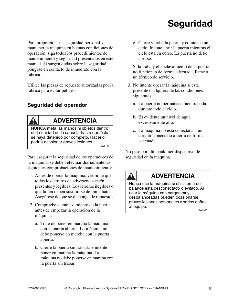 Seguridad, Advertencia | Alliance Laundry Systems SF18VNV User Manual | Page 53 / 92