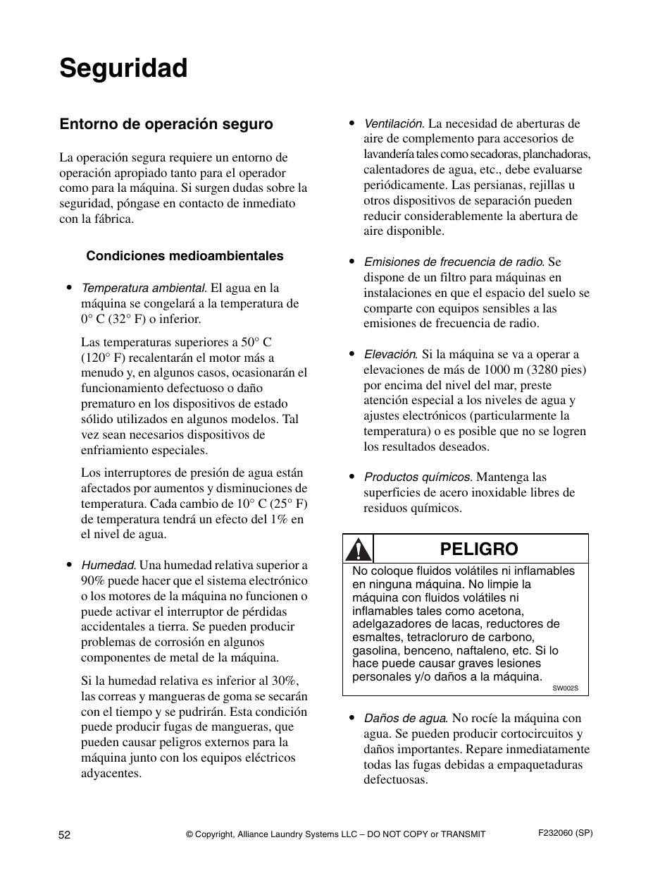 Seguridad, Peligro | Alliance Laundry Systems SF18VNV User Manual | Page 54 / 92