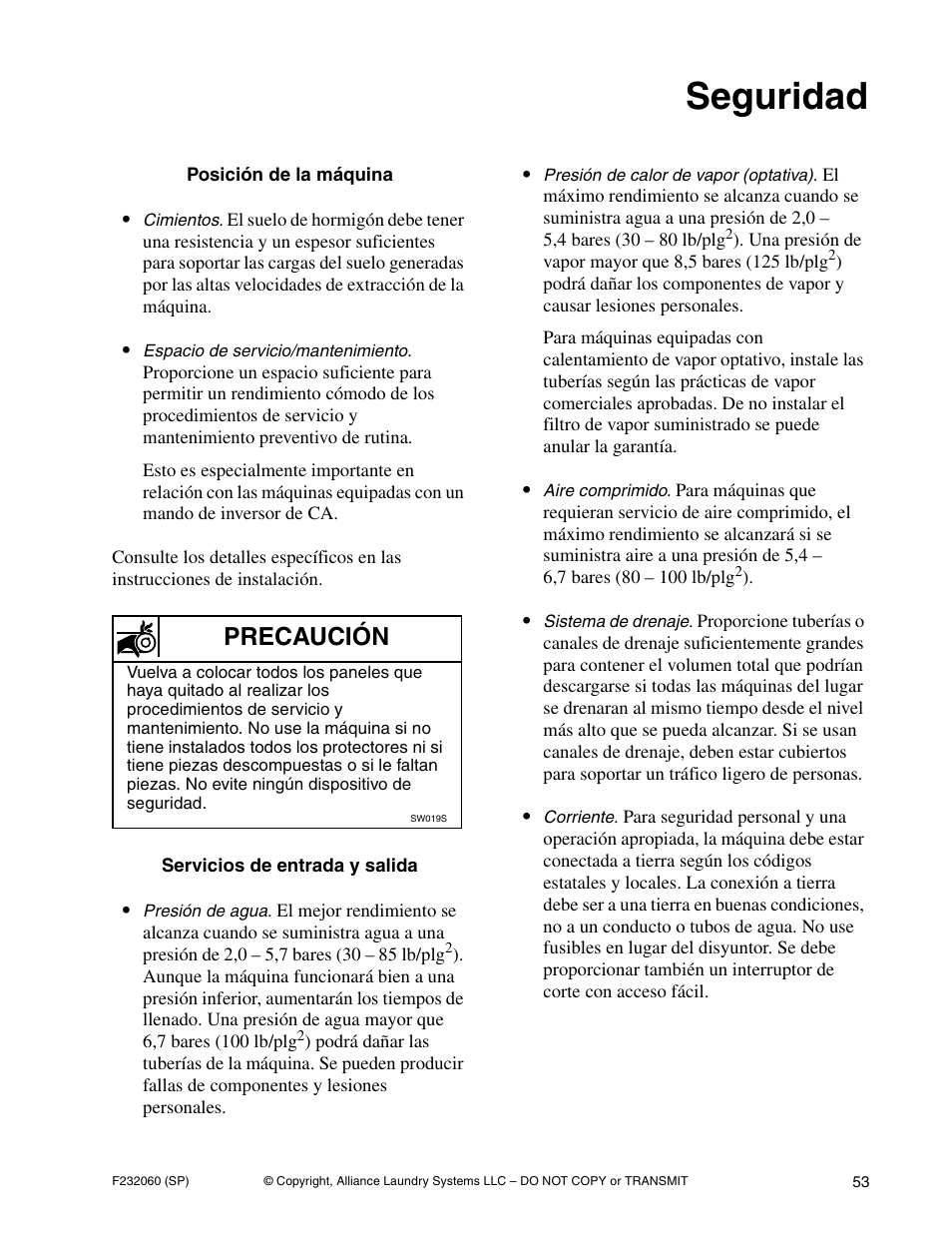 Seguridad, Precaución | Alliance Laundry Systems SF18VNV User Manual | Page 55 / 92