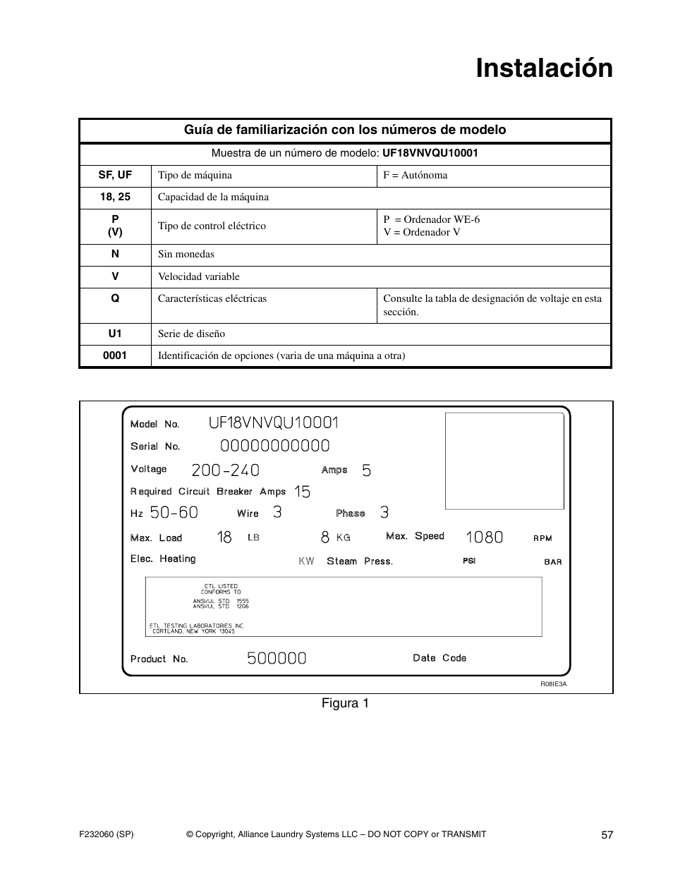 Instalación | Alliance Laundry Systems SF18VNV User Manual | Page 59 / 92