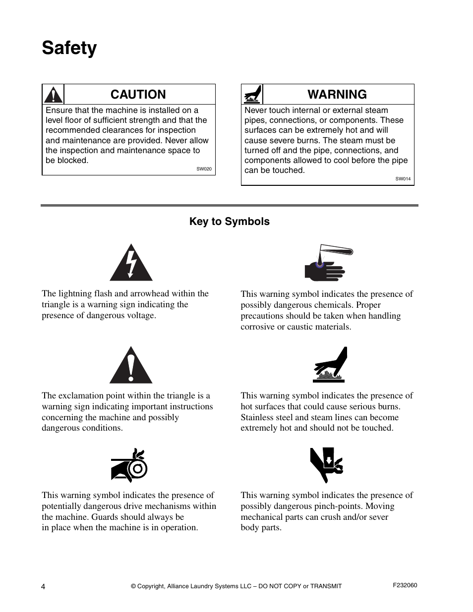 Safety, Caution, Warning | Alliance Laundry Systems SF18VNV User Manual | Page 6 / 92