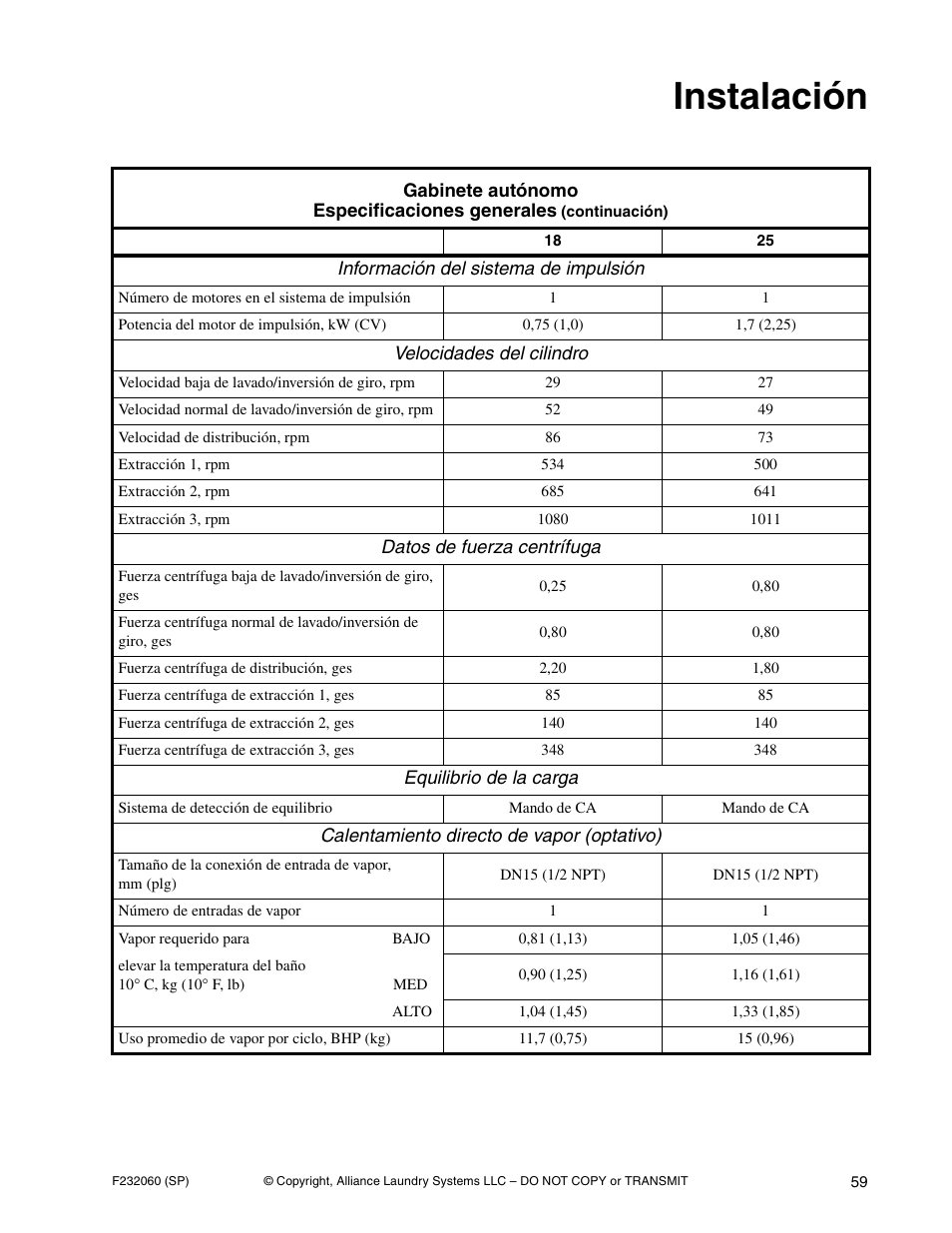 Instalación | Alliance Laundry Systems SF18VNV User Manual | Page 61 / 92