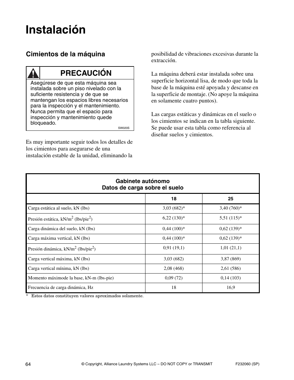 Instalación, Precaución, Cimientos de la máquina | Alliance Laundry Systems SF18VNV User Manual | Page 66 / 92