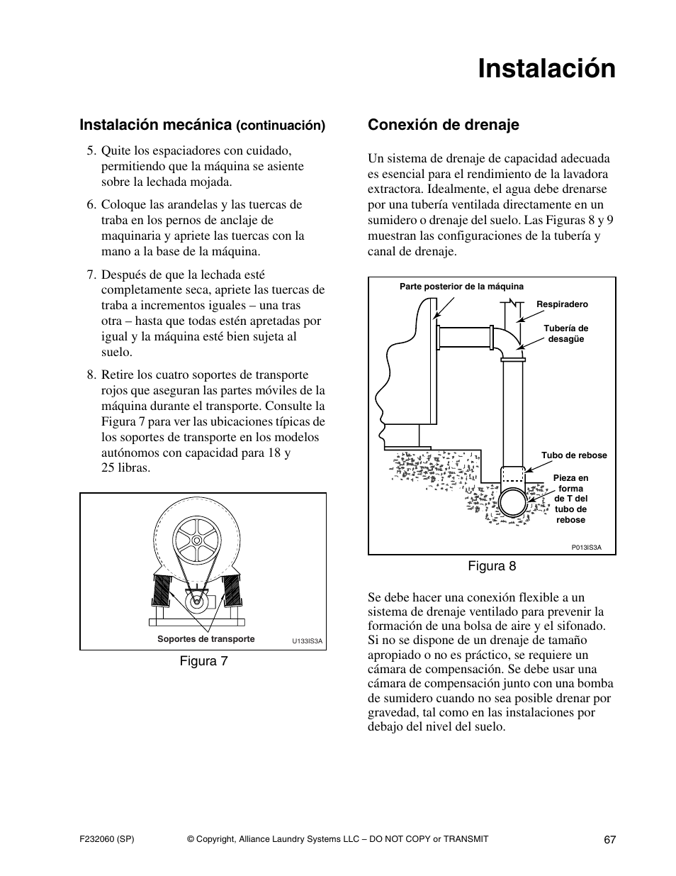 Instalación, Instalación mecánica, Conexión de drenaje | Alliance Laundry Systems SF18VNV User Manual | Page 69 / 92