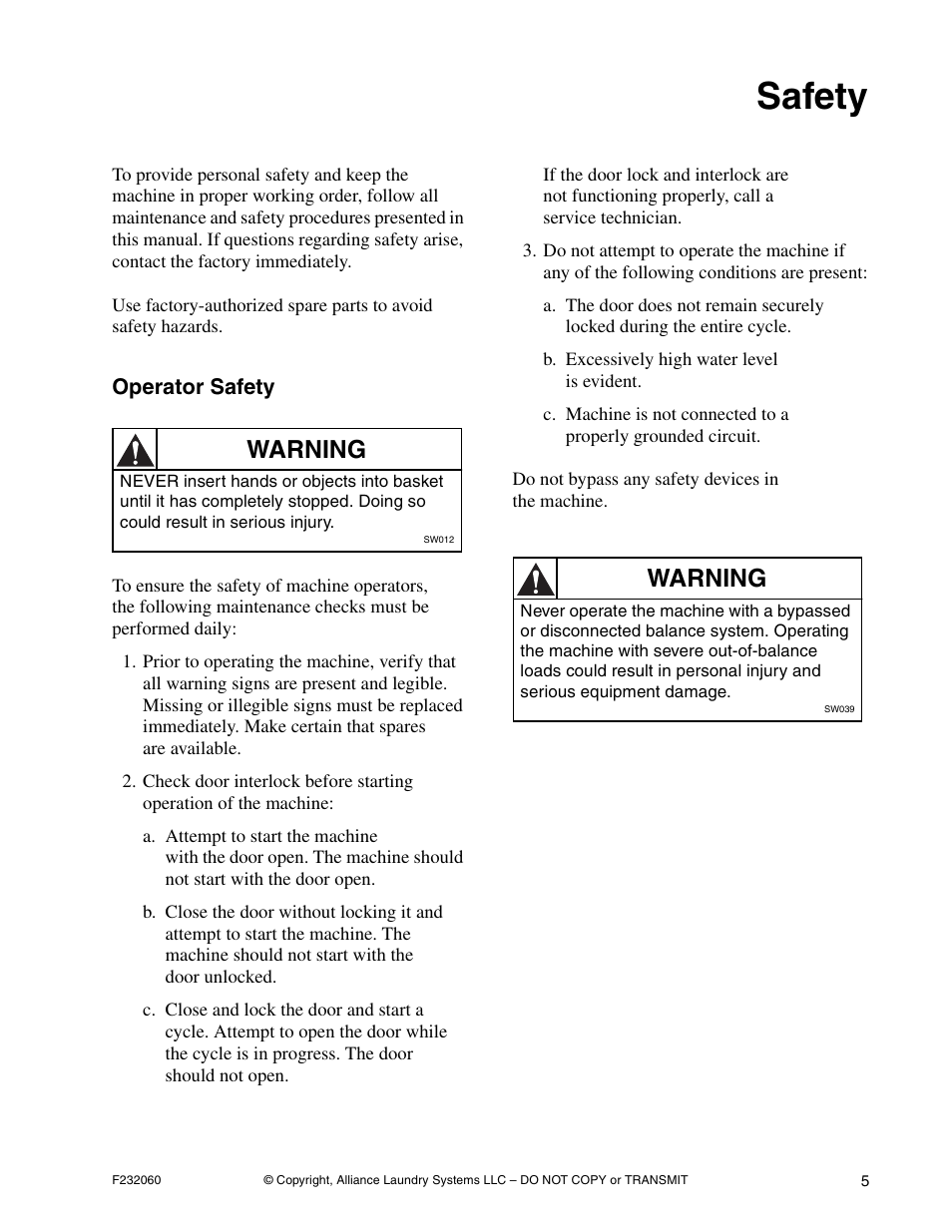 Safety, Warning | Alliance Laundry Systems SF18VNV User Manual | Page 7 / 92