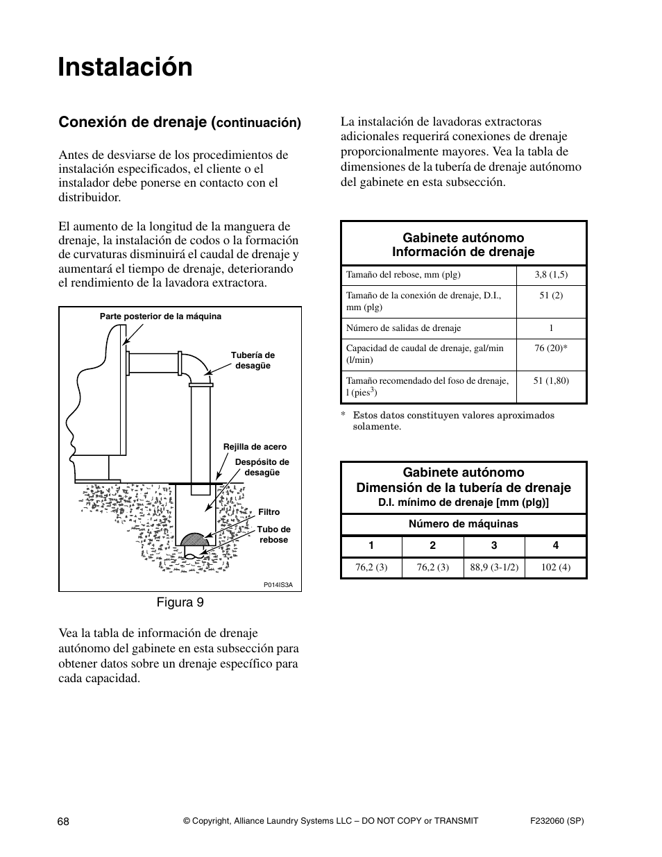 Instalación, Conexión de drenaje | Alliance Laundry Systems SF18VNV User Manual | Page 70 / 92