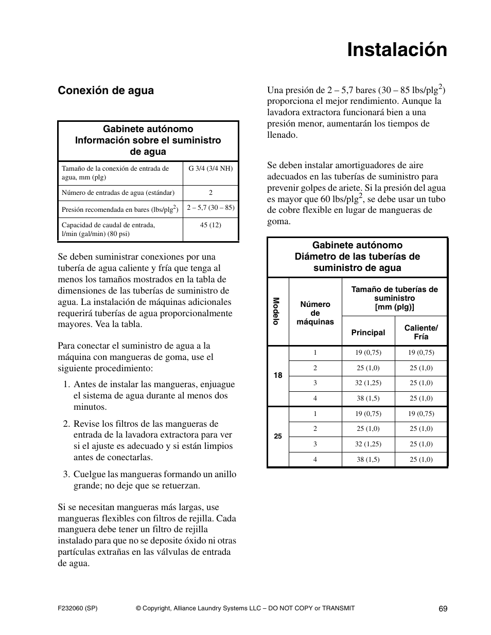 Instalación, Conexión de agua | Alliance Laundry Systems SF18VNV User Manual | Page 71 / 92