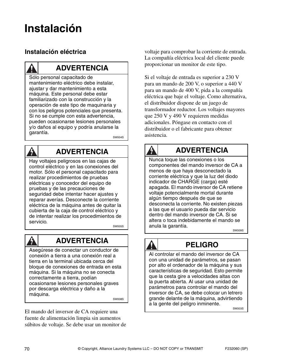 Instalación, Advertencia, Peligro | Instalación eléctrica | Alliance Laundry Systems SF18VNV User Manual | Page 72 / 92