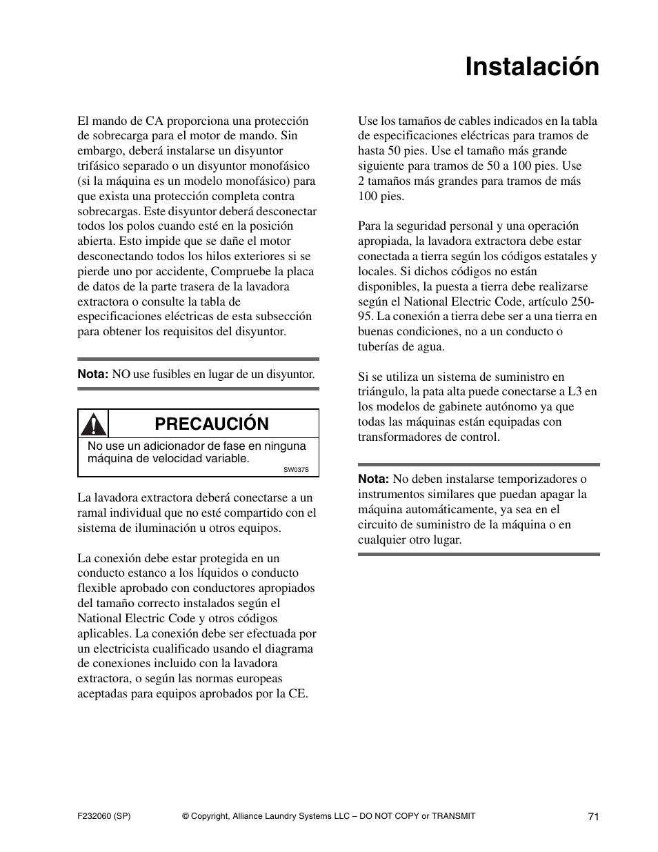 Instalación, Precaución | Alliance Laundry Systems SF18VNV User Manual | Page 73 / 92