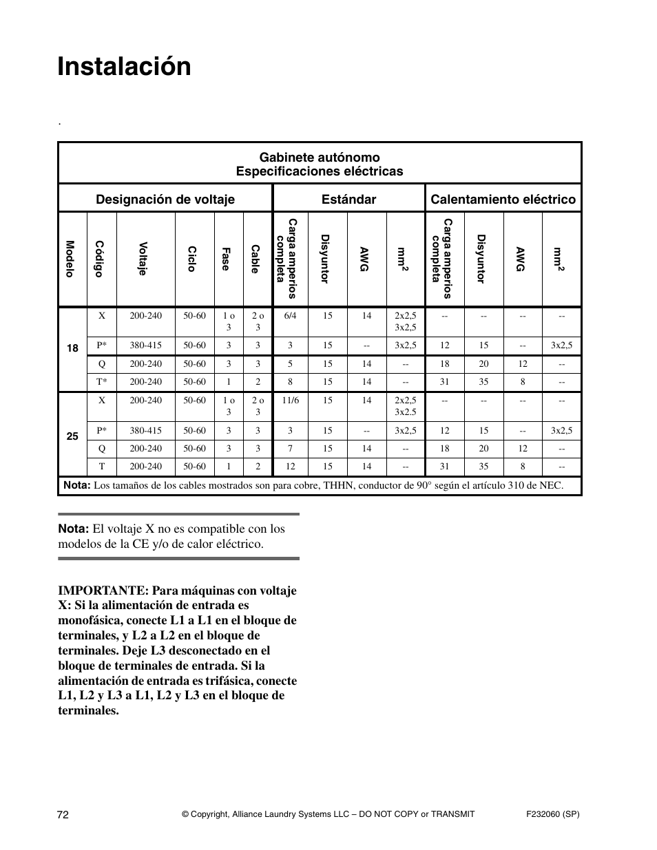 Instalación | Alliance Laundry Systems SF18VNV User Manual | Page 74 / 92