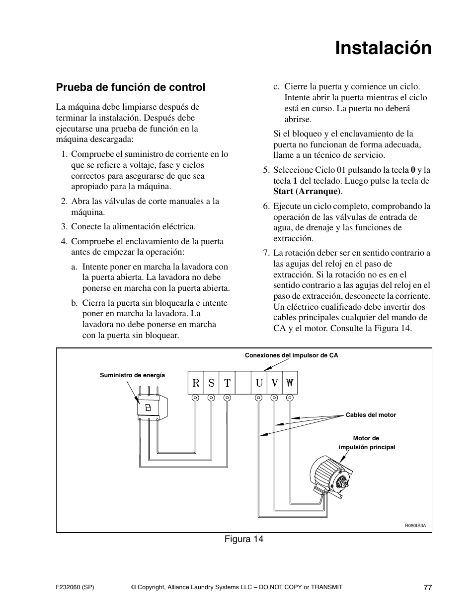 Instalación, Prueba de función de control | Alliance Laundry Systems SF18VNV User Manual | Page 79 / 92