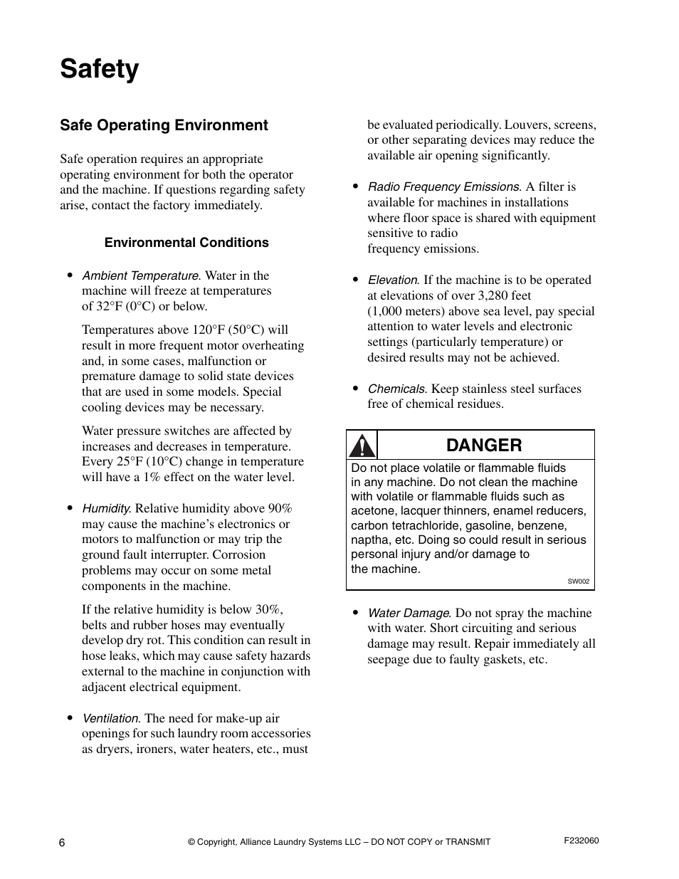 Safety, Danger | Alliance Laundry Systems SF18VNV User Manual | Page 8 / 92