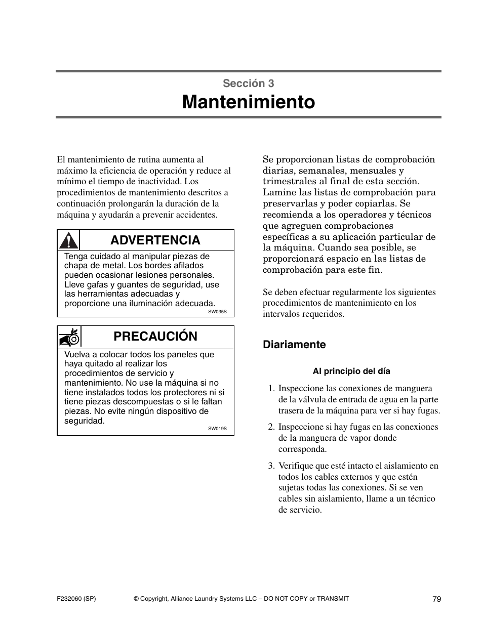 Mantenimiento, Advertencia, Precaución | Alliance Laundry Systems SF18VNV User Manual | Page 81 / 92