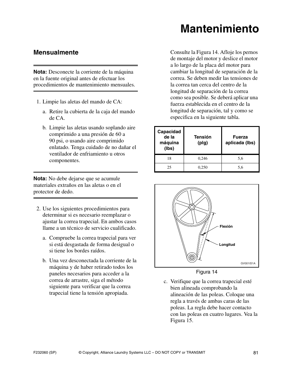 Mantenimiento, Mensualmente | Alliance Laundry Systems SF18VNV User Manual | Page 83 / 92