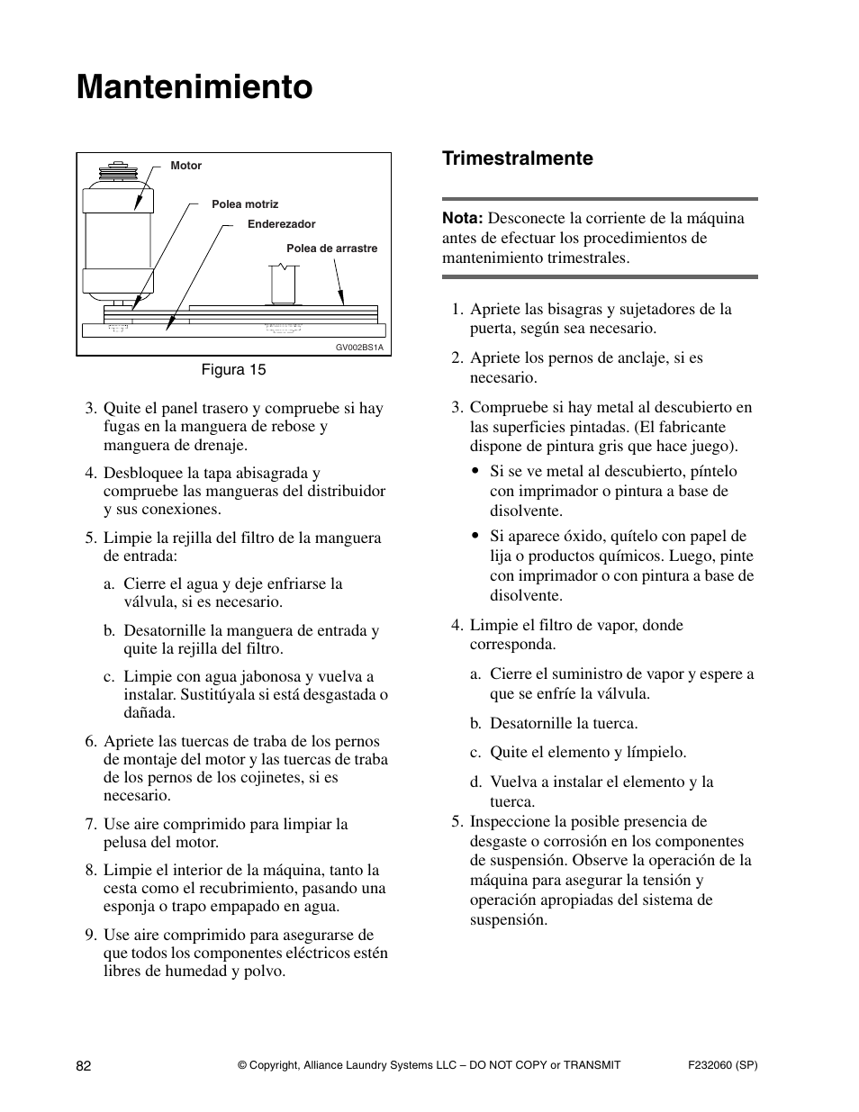 Mantenimiento, Trimestralmente | Alliance Laundry Systems SF18VNV User Manual | Page 84 / 92