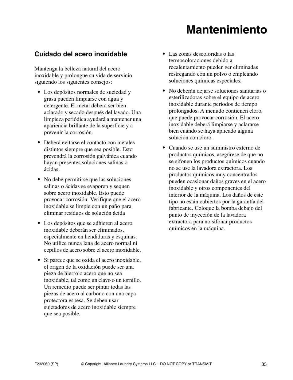 Mantenimiento | Alliance Laundry Systems SF18VNV User Manual | Page 85 / 92