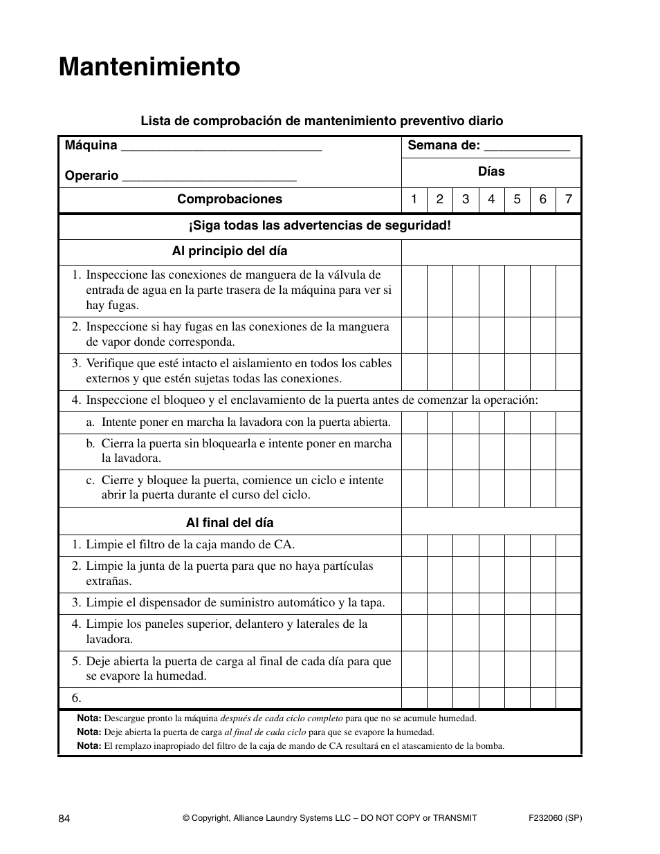 Mantenimiento | Alliance Laundry Systems SF18VNV User Manual | Page 86 / 92