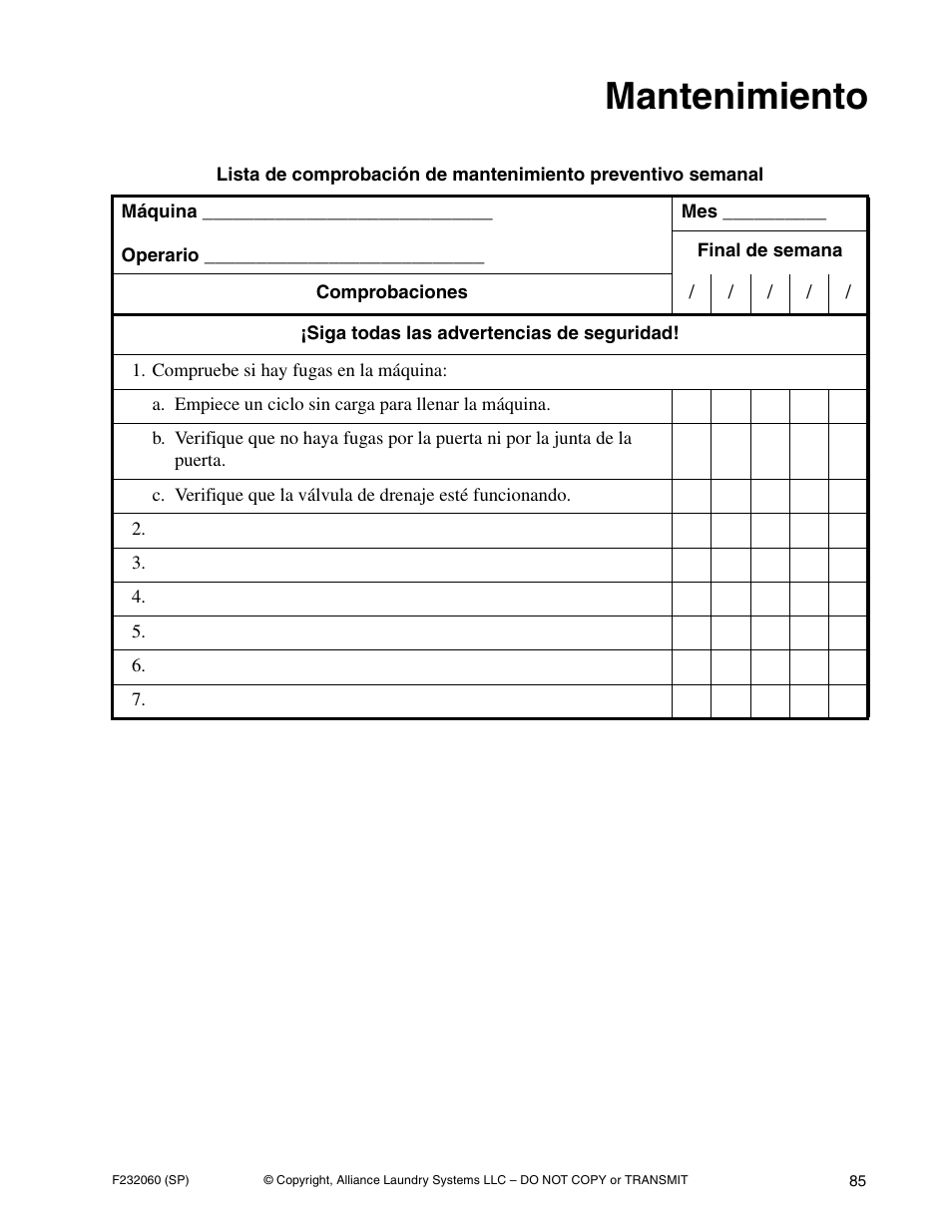 Mantenimiento | Alliance Laundry Systems SF18VNV User Manual | Page 87 / 92