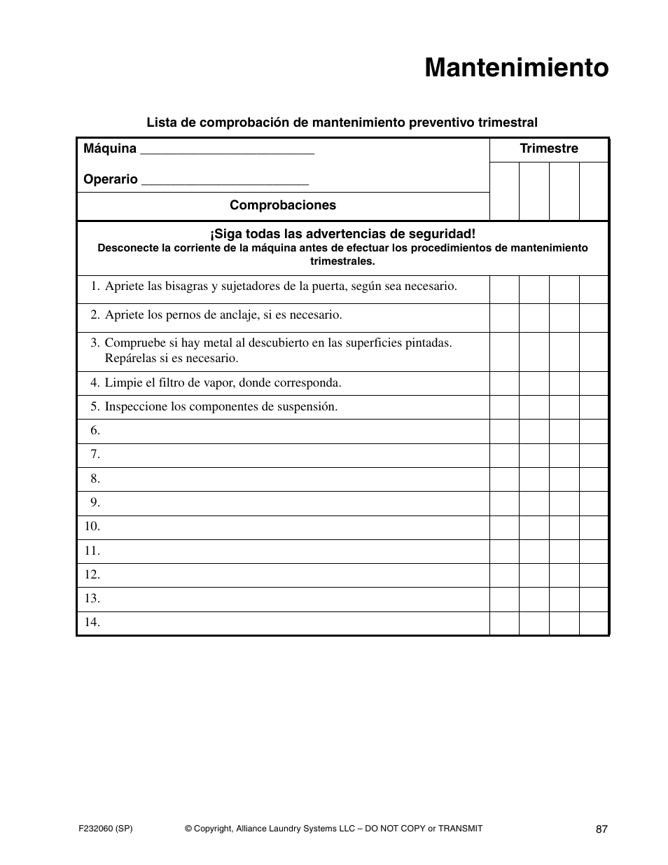 Mantenimiento | Alliance Laundry Systems SF18VNV User Manual | Page 89 / 92