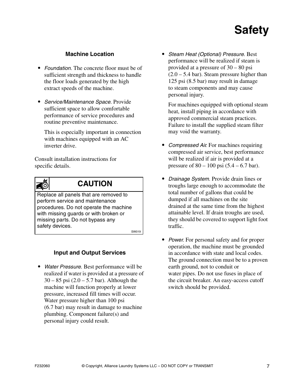 Safety, Caution | Alliance Laundry Systems SF18VNV User Manual | Page 9 / 92