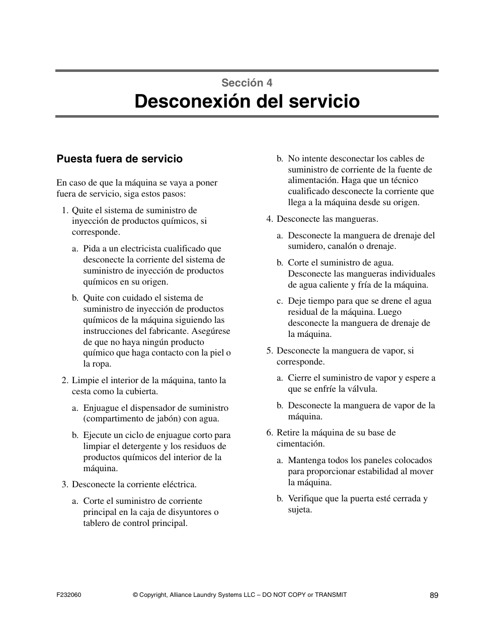 Desconexión del servicio | Alliance Laundry Systems SF18VNV User Manual | Page 91 / 92