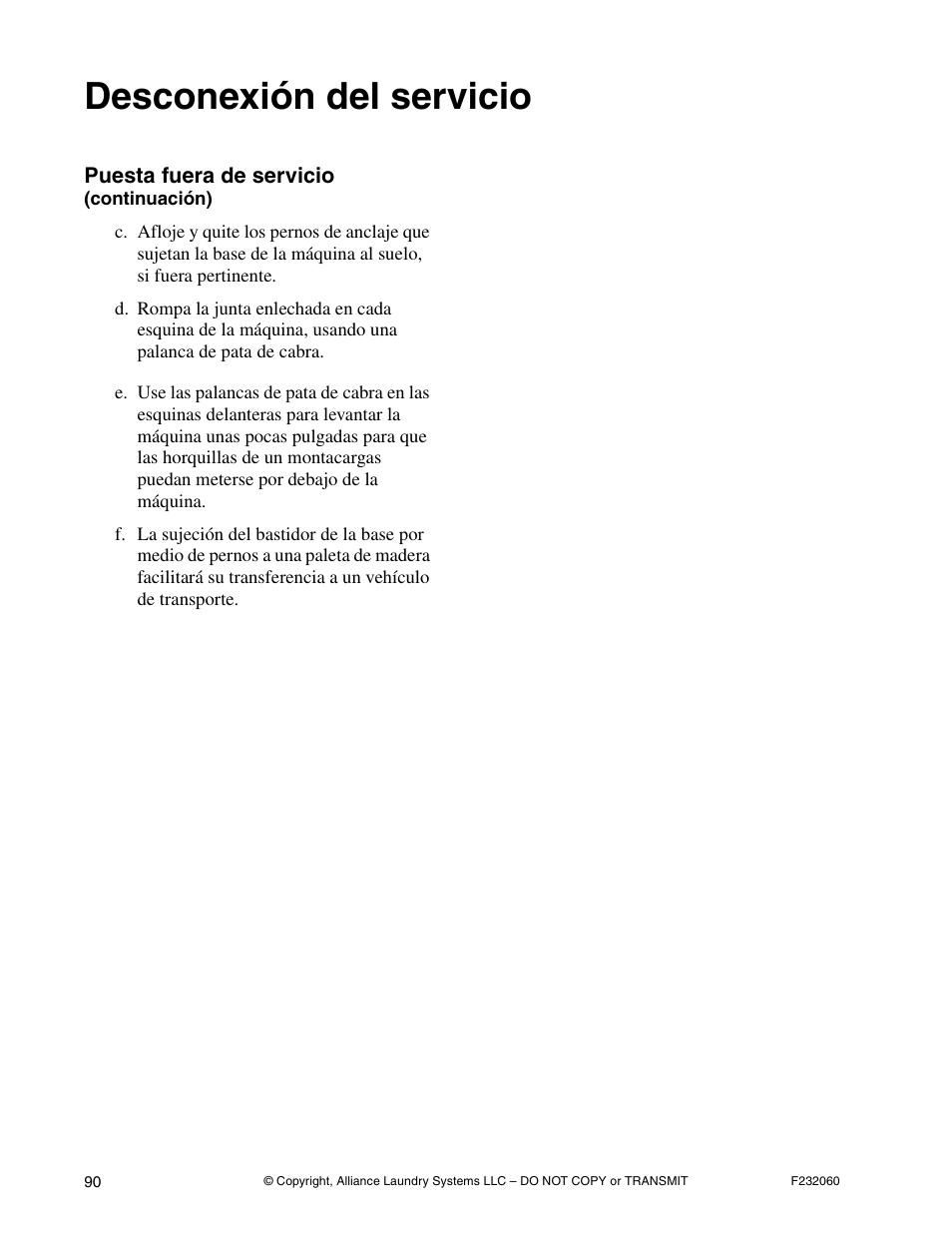 Desconexión del servicio | Alliance Laundry Systems SF18VNV User Manual | Page 92 / 92