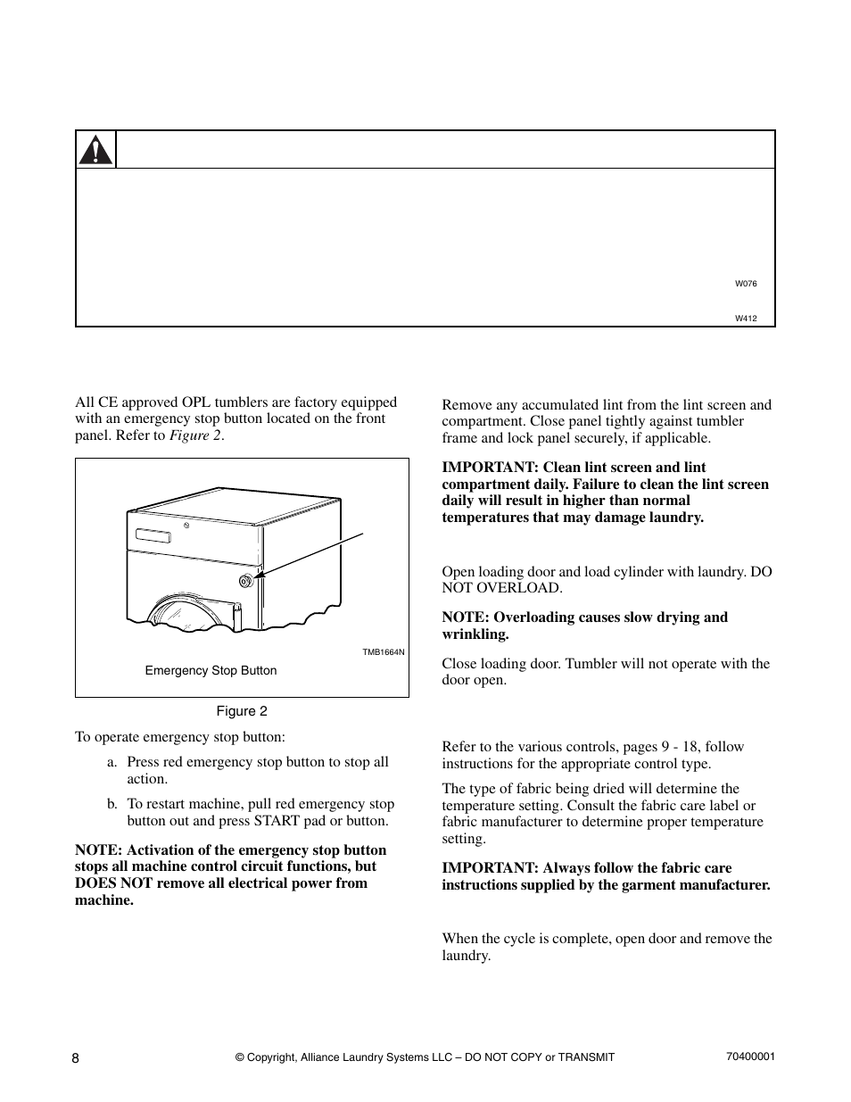 Operating instructions, Emergency stop button on ce models, Warning | Alliance Laundry Systems 55 Pound Capacity User Manual | Page 10 / 29