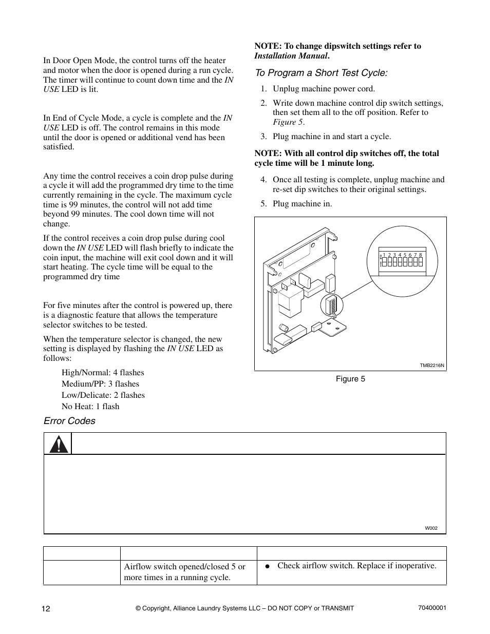Warning, Error codes | Alliance Laundry Systems 55 Pound Capacity User Manual | Page 14 / 29