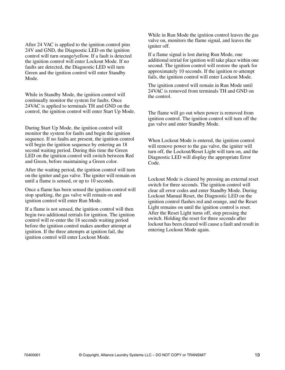 Ignition control operation | Alliance Laundry Systems 55 Pound Capacity User Manual | Page 21 / 29
