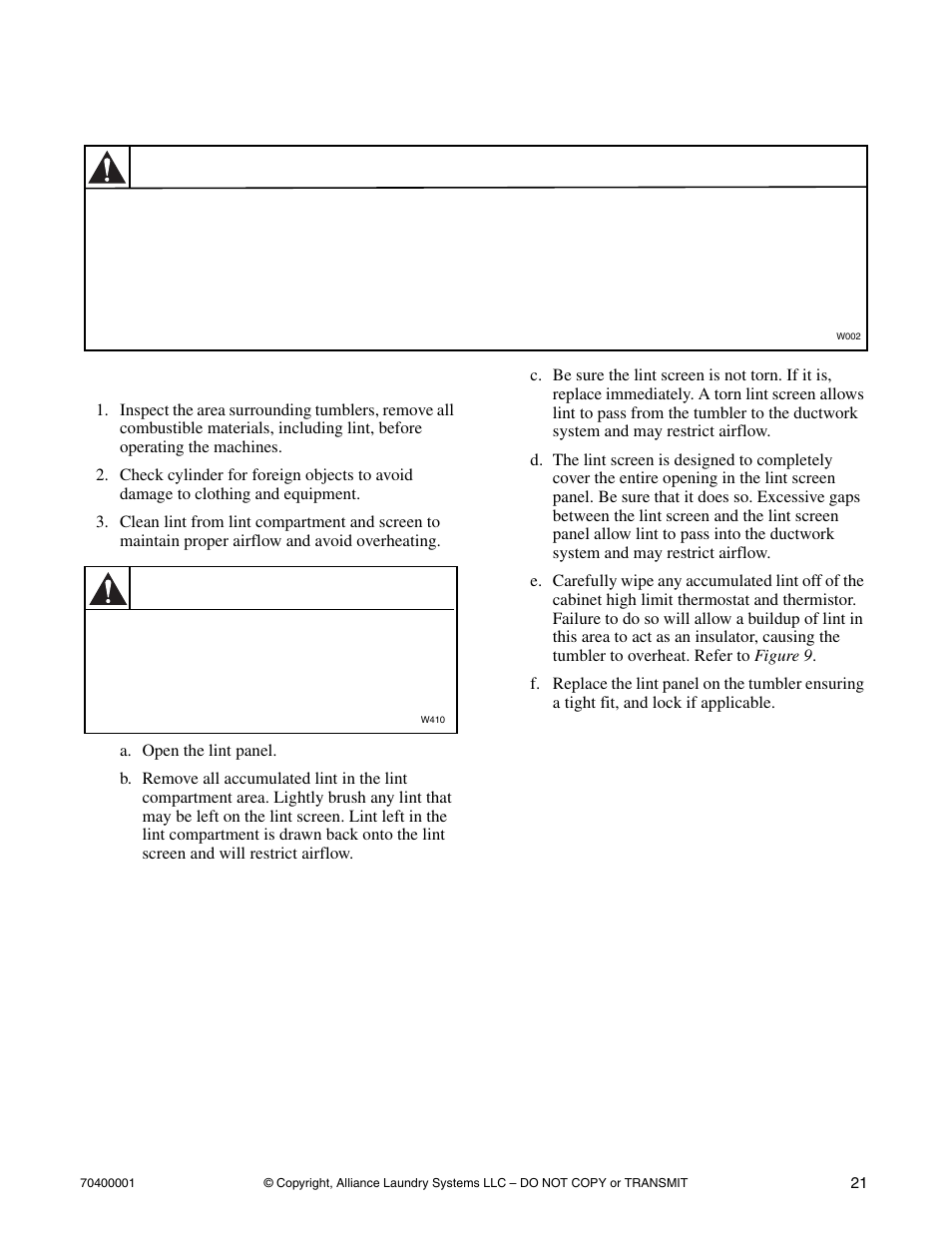 Maintenance, Daily, Warning | Alliance Laundry Systems 55 Pound Capacity User Manual | Page 23 / 29