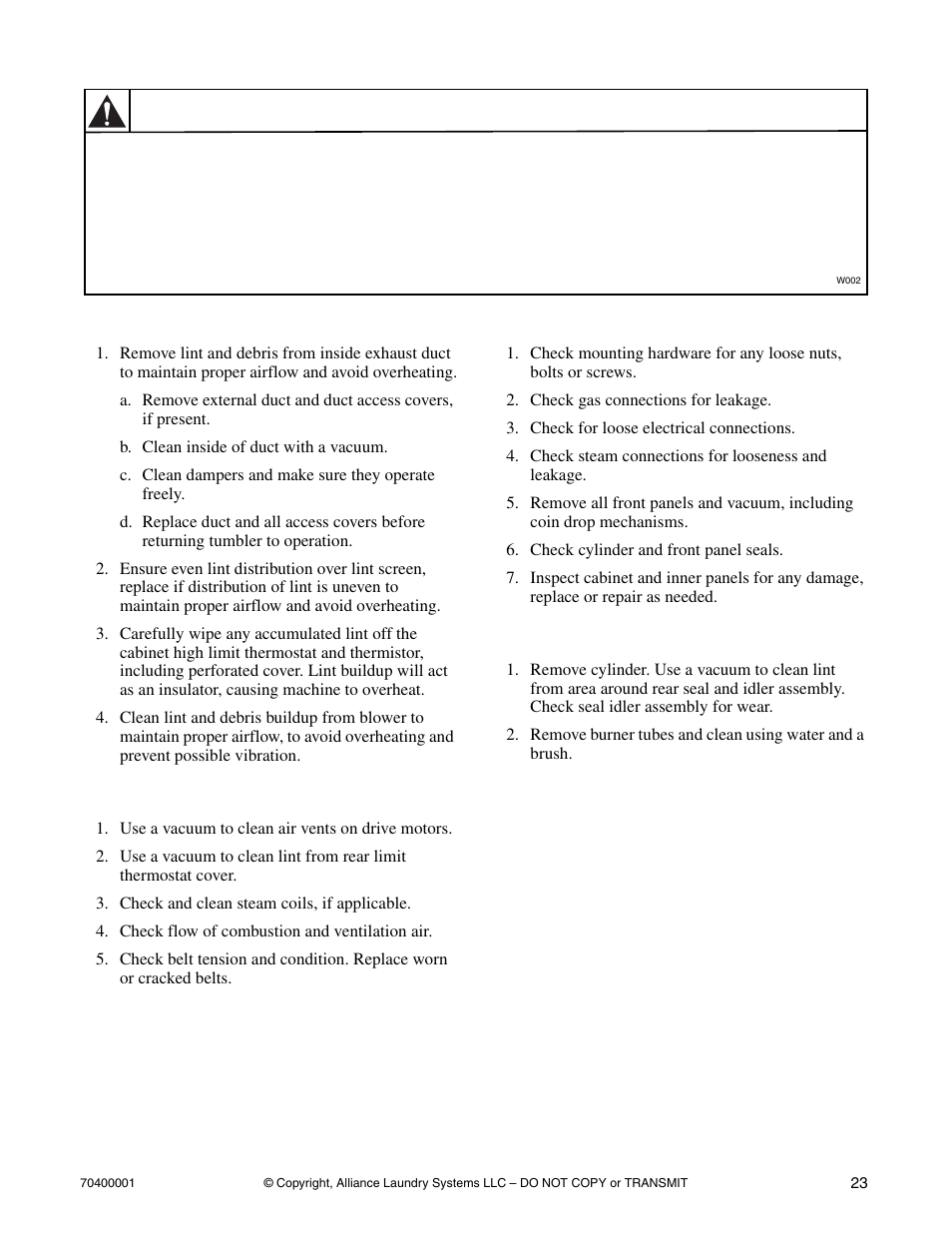 Monthly quarterly bi-annually annually, Warning, Monthly | Quarterly, Bi-annually, Annually | Alliance Laundry Systems 55 Pound Capacity User Manual | Page 25 / 29