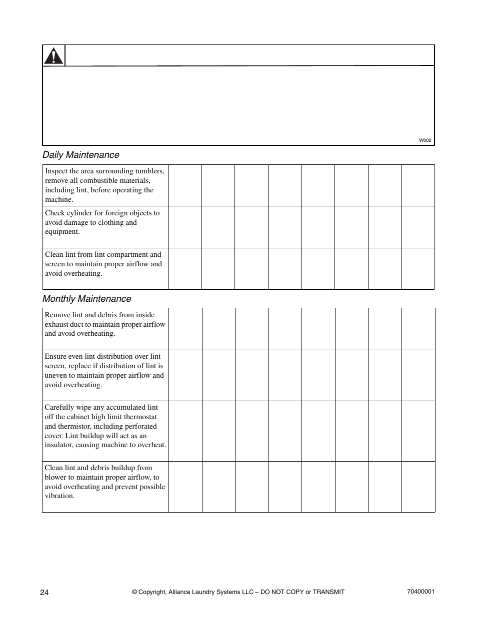 Warning | Alliance Laundry Systems 55 Pound Capacity User Manual | Page 26 / 29