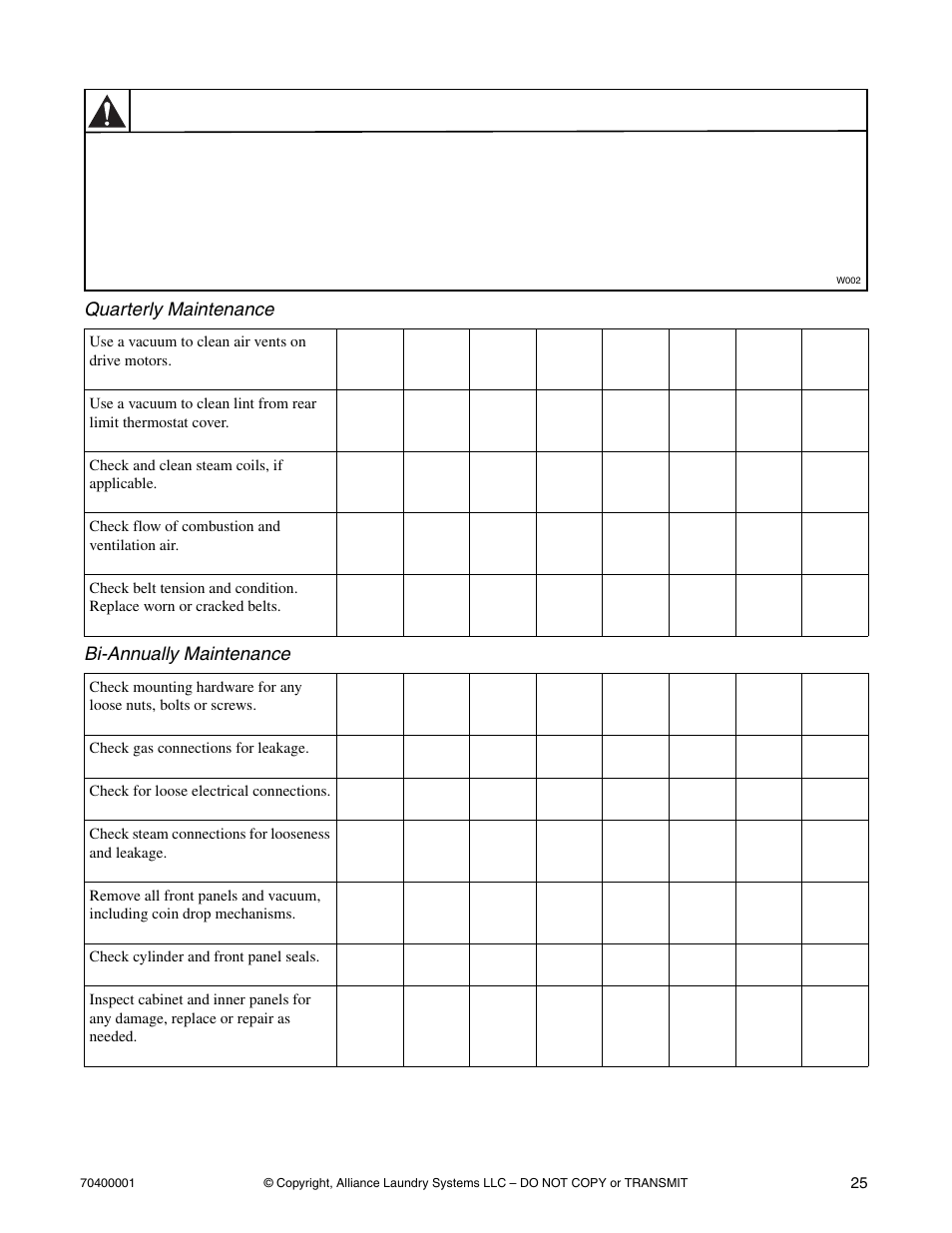 Warning | Alliance Laundry Systems 55 Pound Capacity User Manual | Page 27 / 29