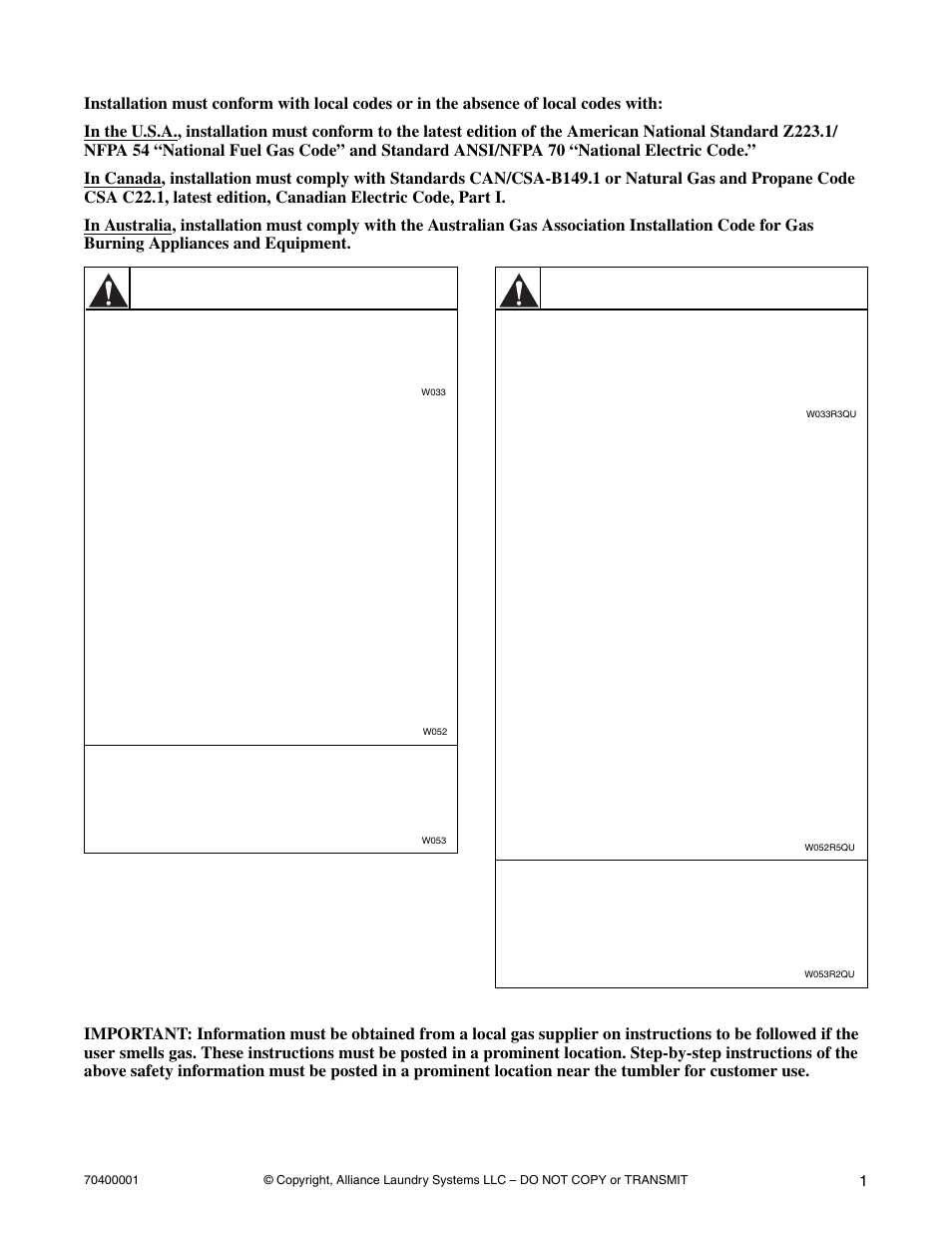 Warning, Mise en garde | Alliance Laundry Systems 55 Pound Capacity User Manual | Page 3 / 29
