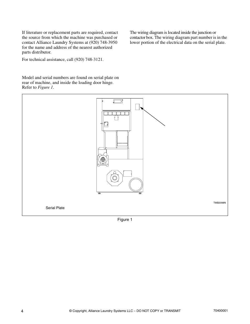 Customer service, Serial plate location, Wiring diagram | Alliance Laundry Systems 55 Pound Capacity User Manual | Page 6 / 29