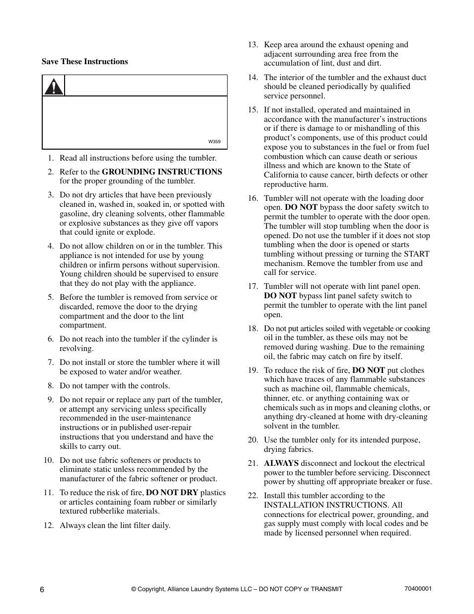 Important safety instructions, Warning | Alliance Laundry Systems 55 Pound Capacity User Manual | Page 8 / 29