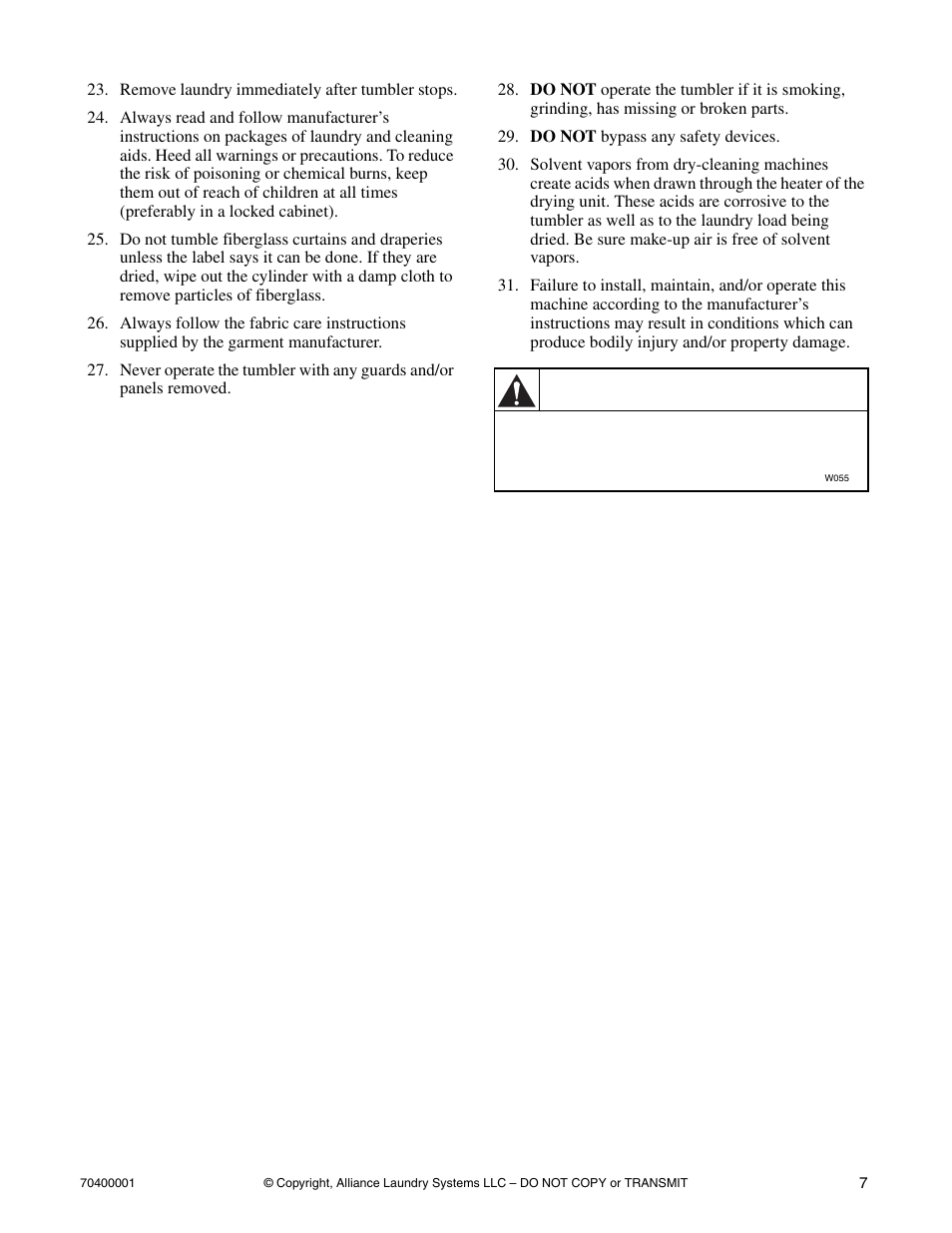 Warning | Alliance Laundry Systems 55 Pound Capacity User Manual | Page 9 / 29