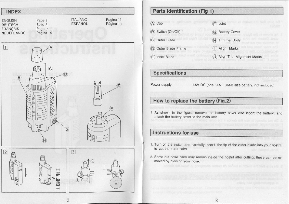 How to replace the battery (fig.2), Instructions for use | Panasonic ER112 User Manual | Page 2 / 8