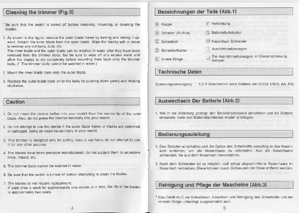 Caution, Auswechseln der batterie (abb.2) | Panasonic ER112 User Manual | Page 3 / 8