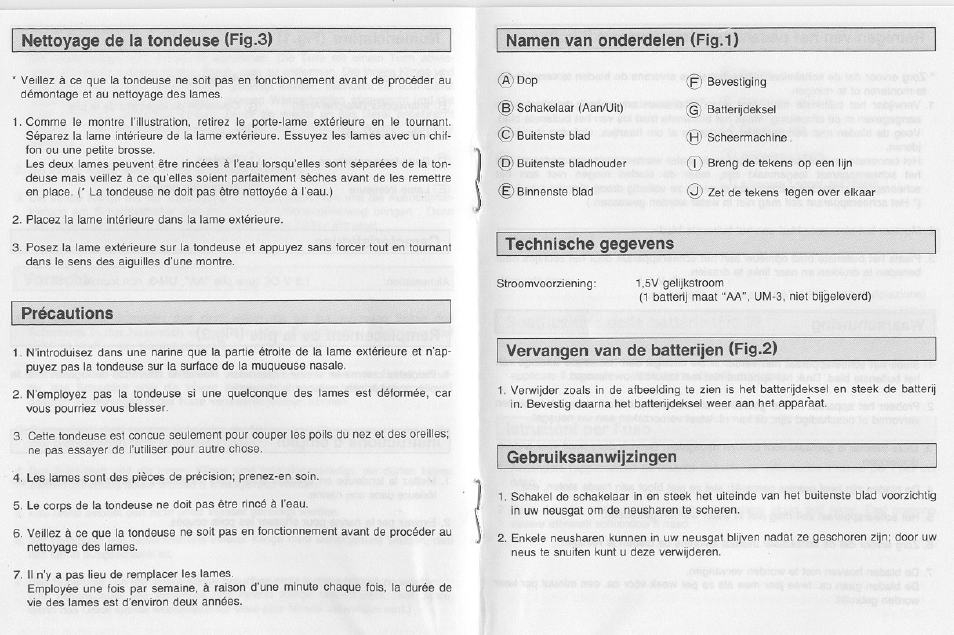 Nettoyage de la tondeuse (fig.3), Namen van onderdelen (fig.1), Précautions | Panasonic ER112 User Manual | Page 5 / 8