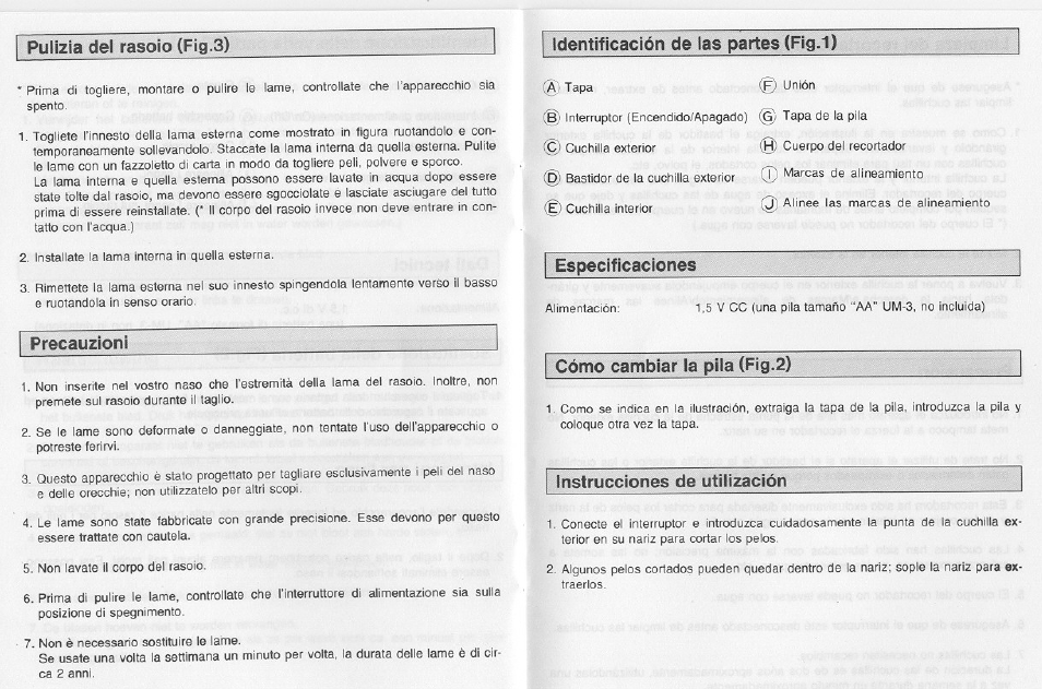 Pulizia del rasoio (fig.3), Identificación de'las partesìfig.l), Precauzioni | Panasonic ER112 User Manual | Page 7 / 8