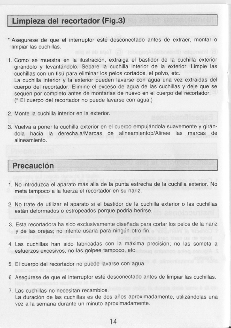 Limpieza del recortador (fig.3) | Panasonic ER112 User Manual | Page 8 / 8