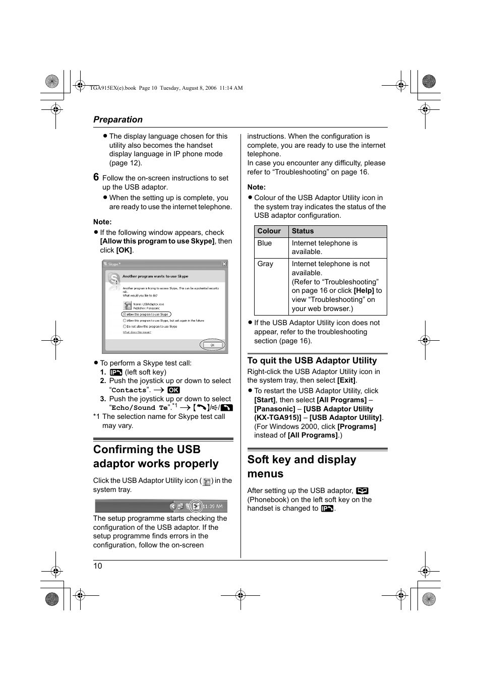 Confirming the usb adaptor works properly, Soft key and display menus | Panasonic KXTGA915EX User Manual | Page 10 / 60